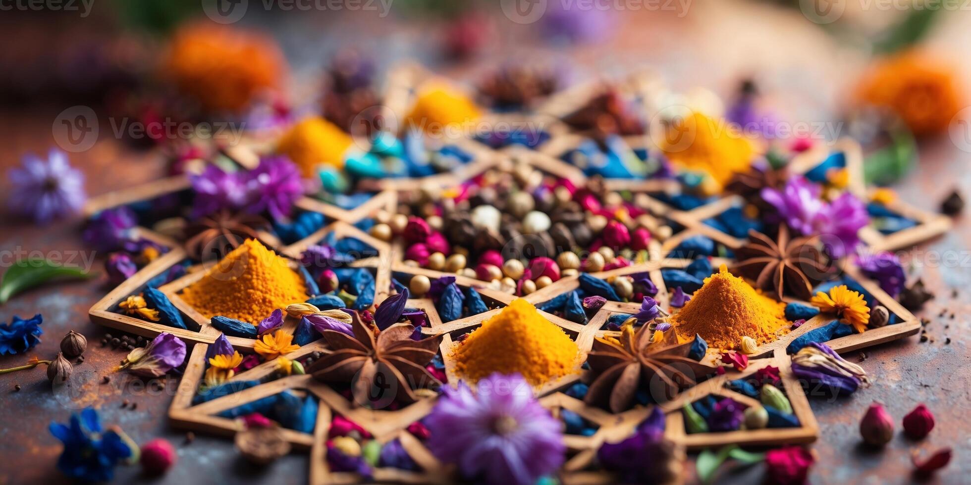Brightly colored spices and flowers arranged in a decorative pattern on a wooden surface during a festive celebration photo
