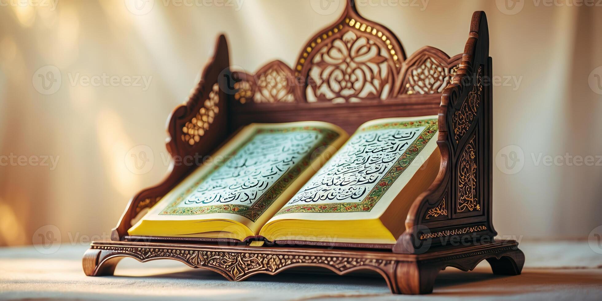 Elegant wooden Quran stand displaying richly decorated pages in soft natural light indoors during a peaceful moment of reflection photo