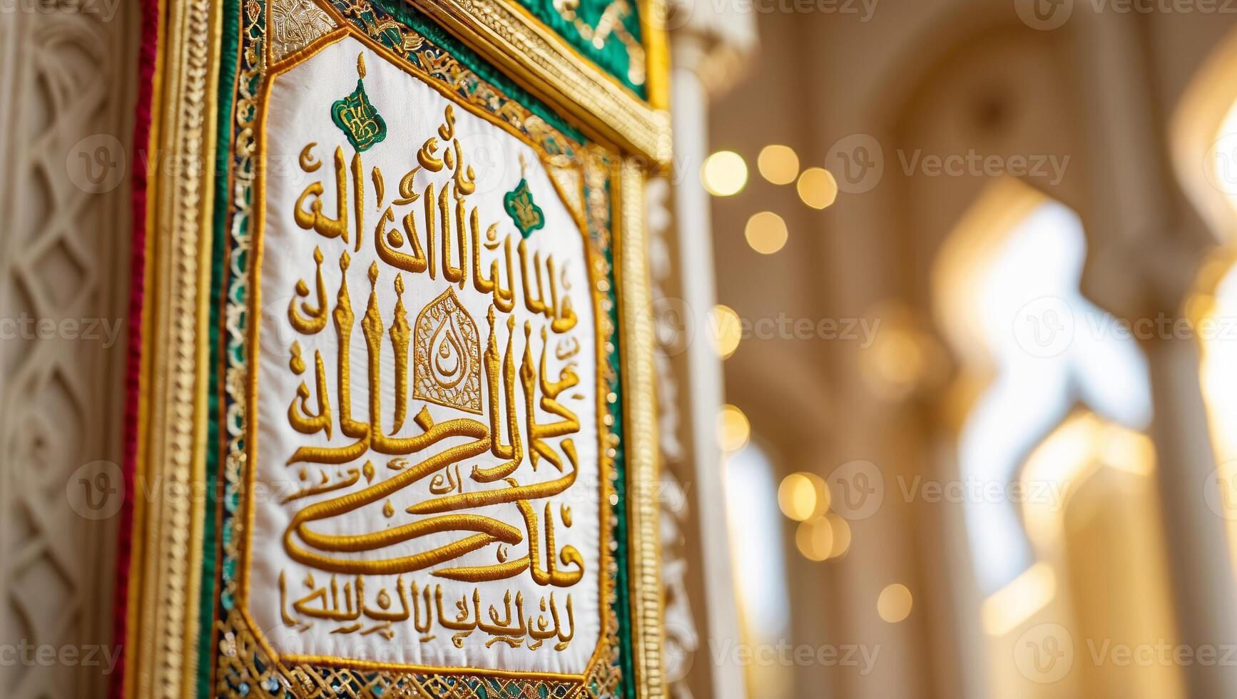 Calligraphy artwork displayed in a grand mosque showcases intricate design and spiritual significance photo