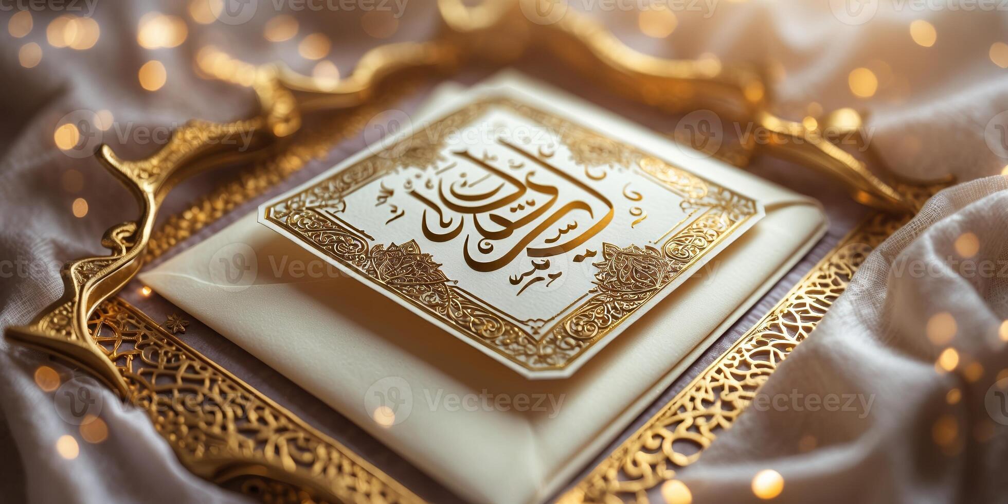 Intricate golden frame displaying elegant Arabic calligraphy on a soft textured background photo