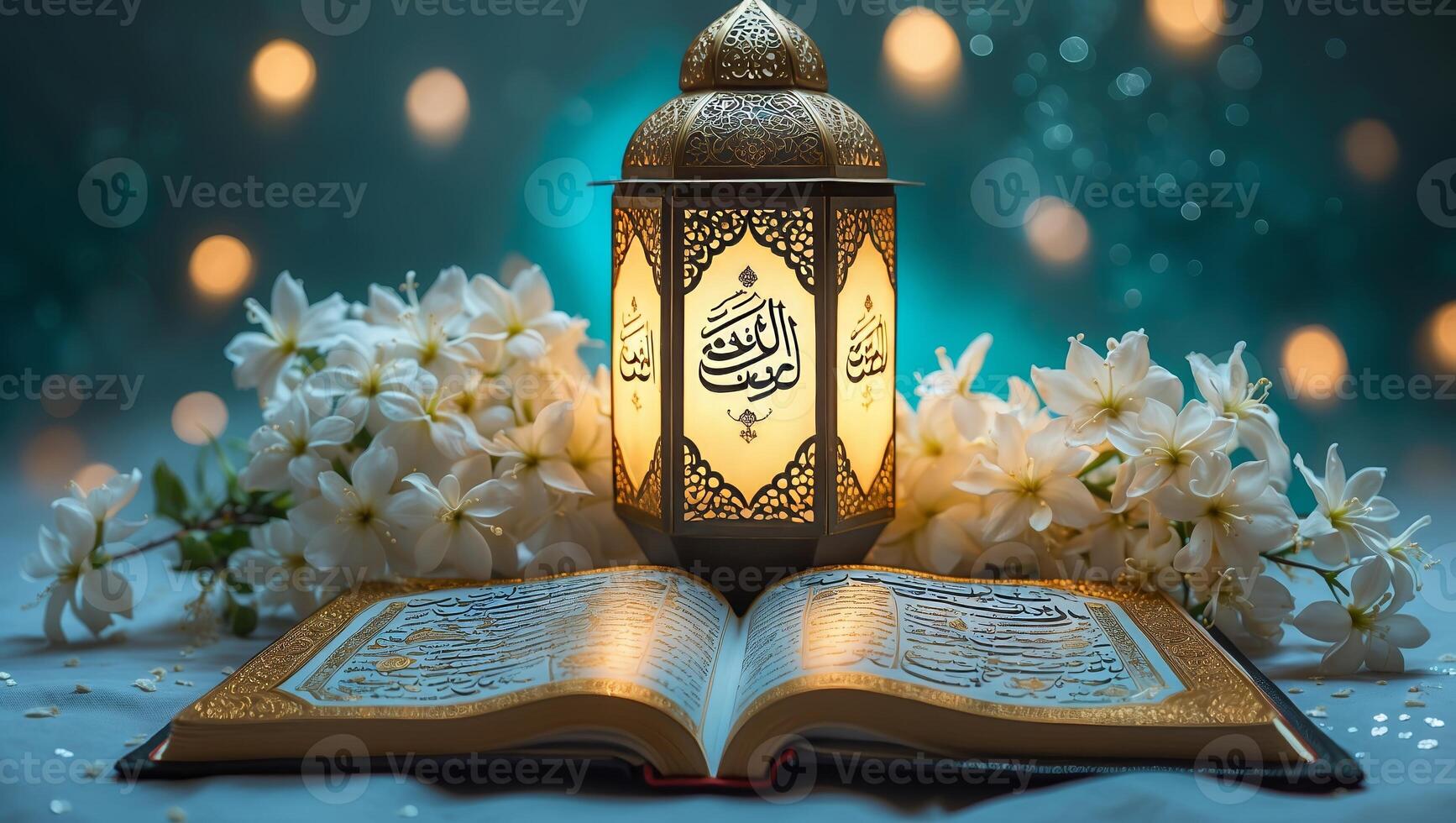 Islamic lantern adorns an open Quran with flowers, creating a serene ambiance during evening reflection photo