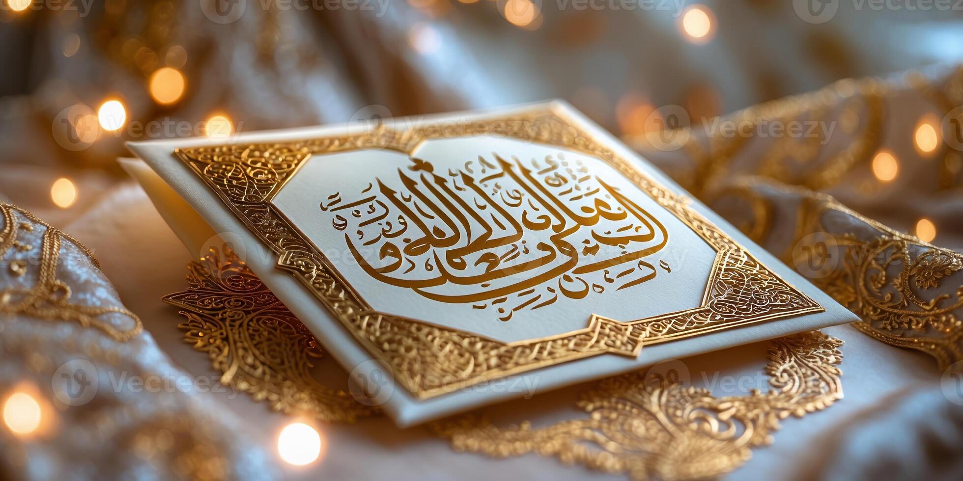 Golden Arabic calligraphy on Quran resting on embroidered fabric with lights in a cozy setting at night photo