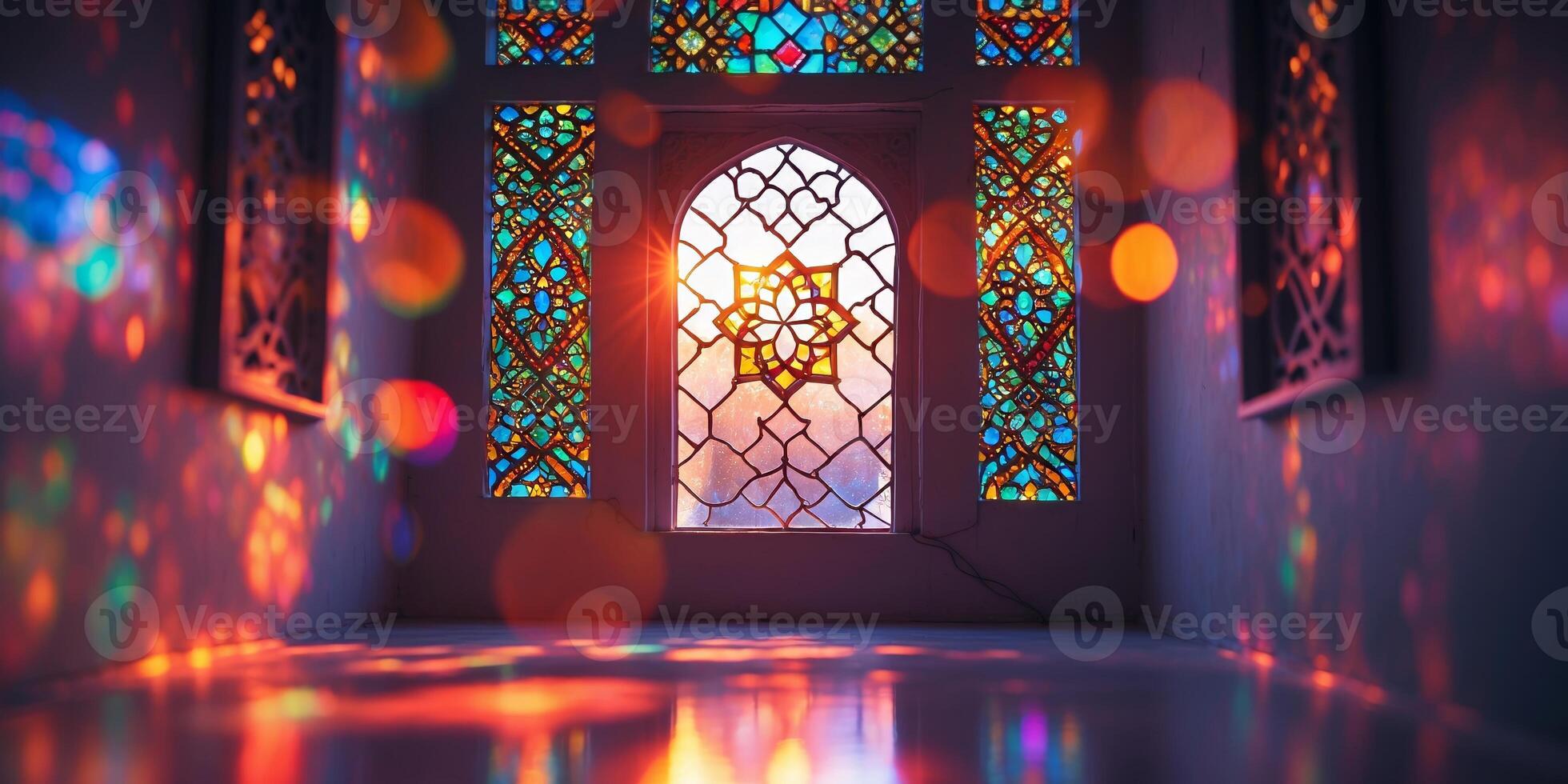 Beautiful stained glass window casting colorful reflections during sunset in an architectural gem photo
