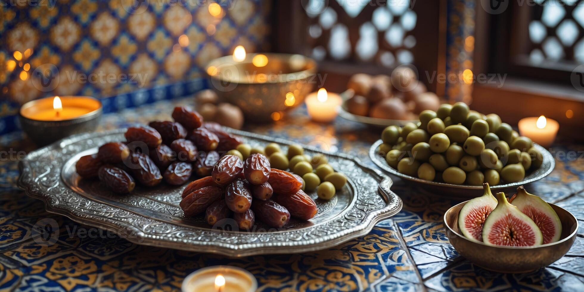 Elegant arrangement of fruits and nuts on ornate table with candles during a festive gathering photo