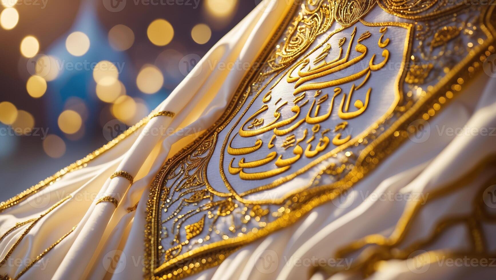 Elegant close-up of a decorated ceremonial flag with intricate golden embroidery during a cultural celebration at dusk photo