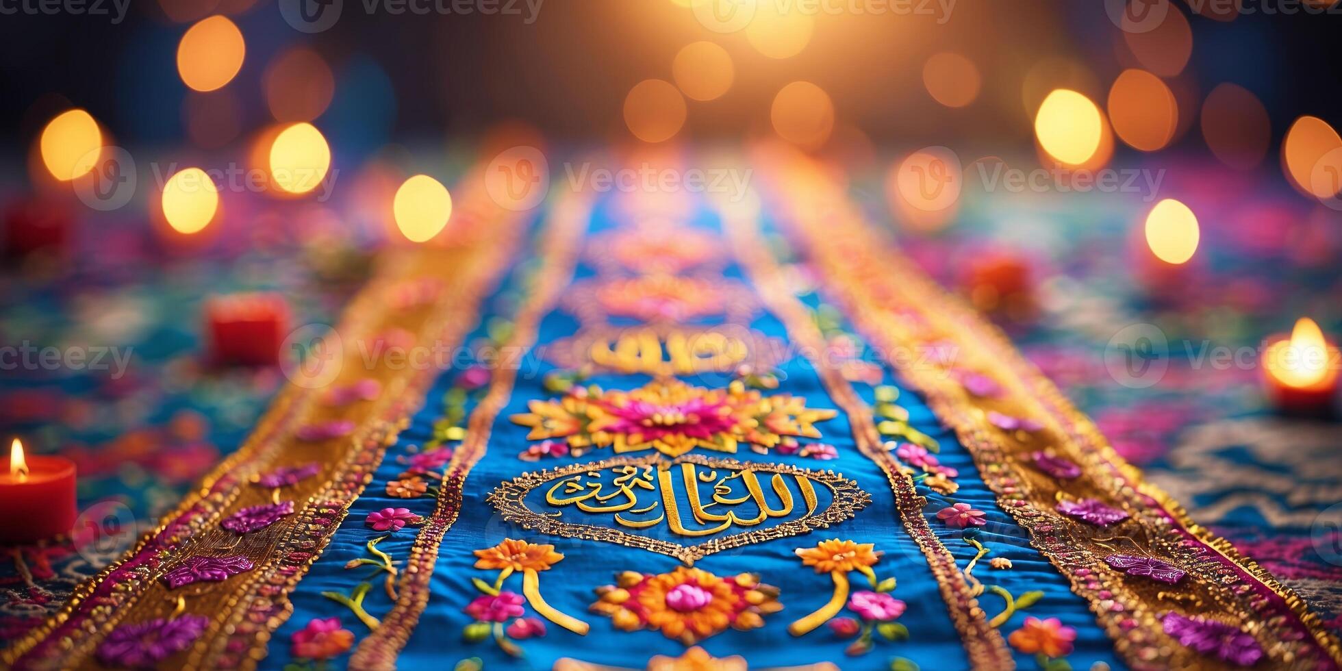 Colorful embroidered textile adorned with candles during cultural celebration at dusk photo