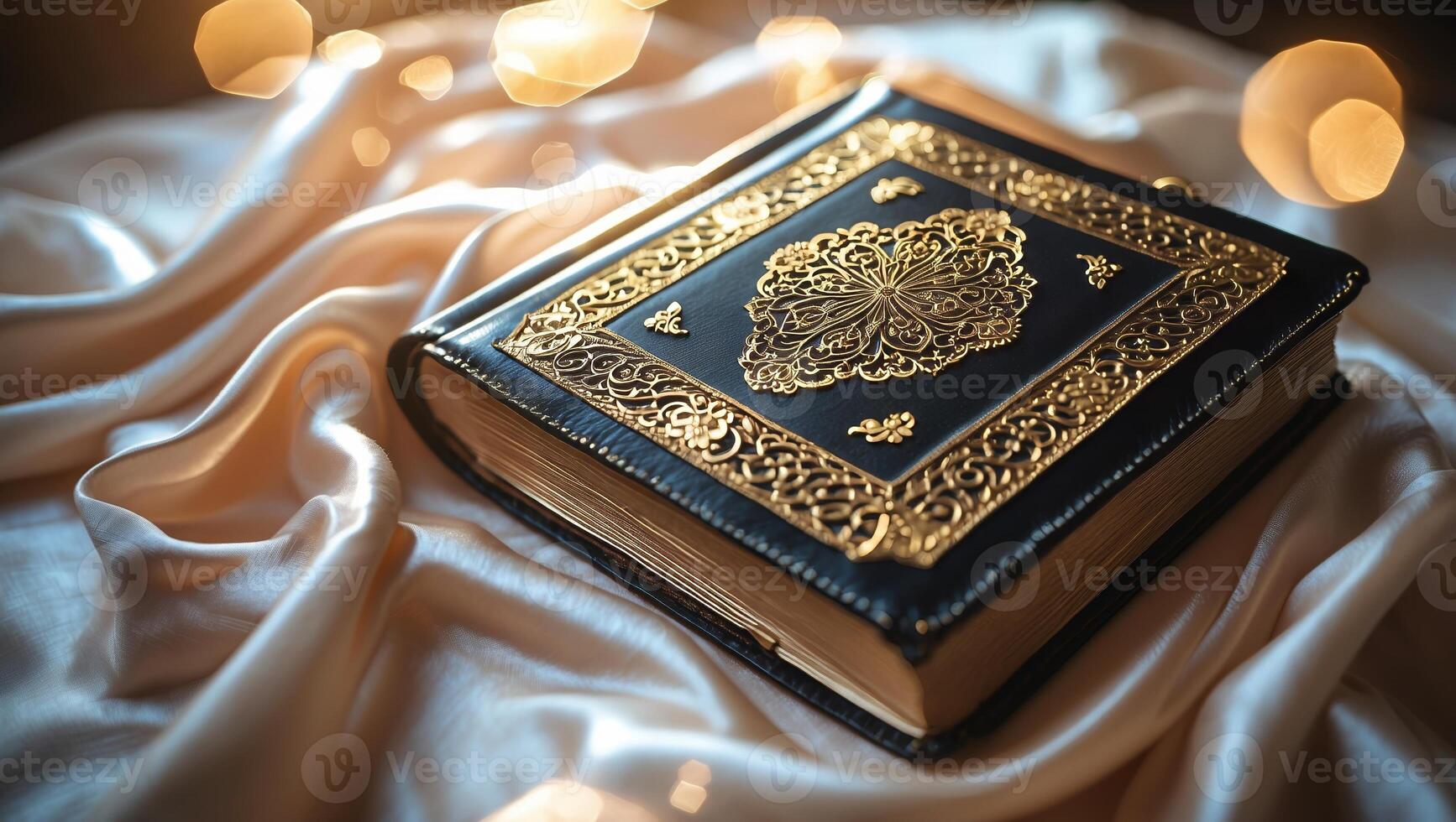 Open book with crescent moon decoration beside lit candle in a warm ambiance photo