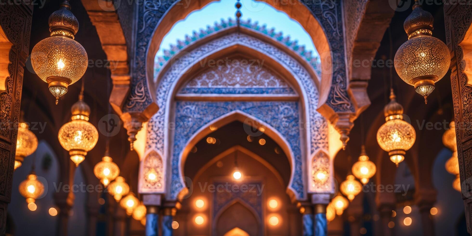 Intricate archways and glowing lanterns in an ornate Moroccan setting during twilight hours photo