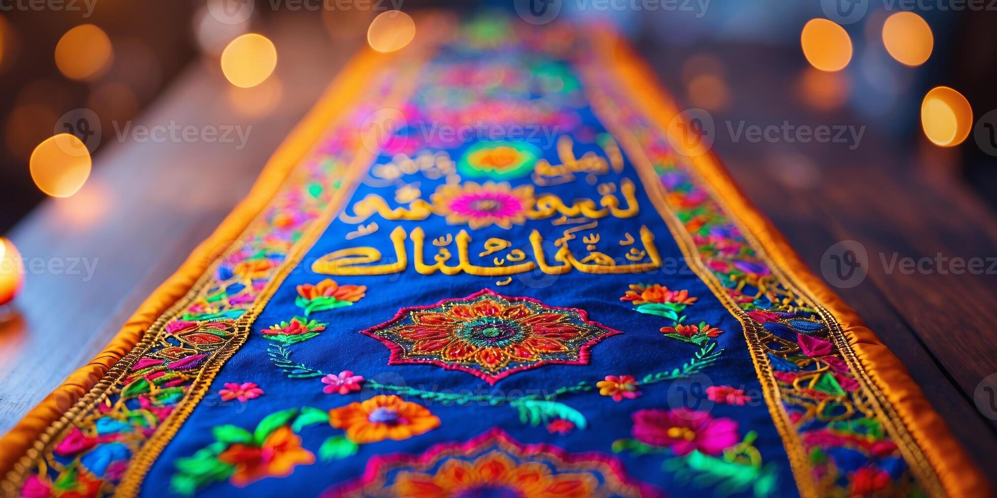 Colorful embroidered textile displayed on a wooden table with soft lights in the background during an evening gathering photo