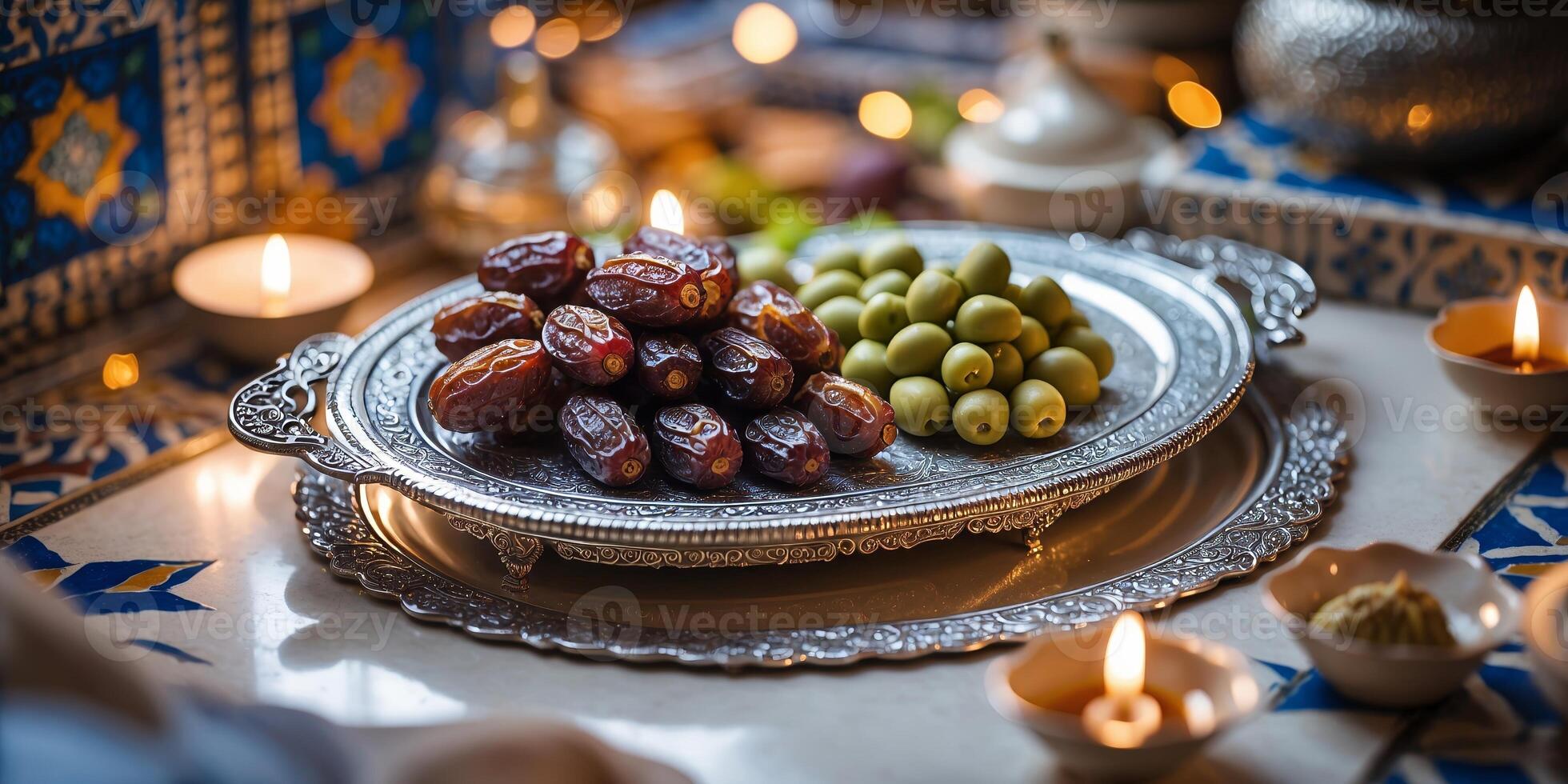 Traditional platter of dates and olives displayed in a cozy setting with candles and decorative tiles at sunset photo