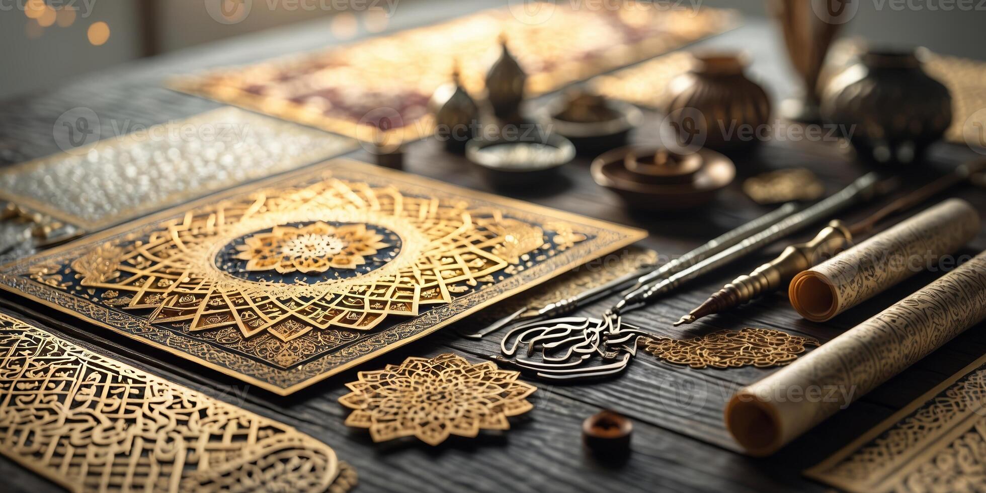 Intricate Arabic calligraphy and decorative items displayed on a wooden table during a serene evening gathering photo