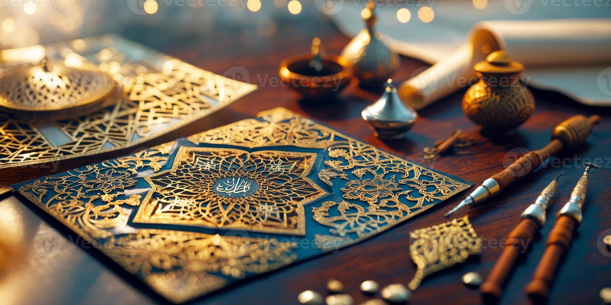 Intricate gold calligraphy and crafts on a wooden table during a cozy evening gathering photo