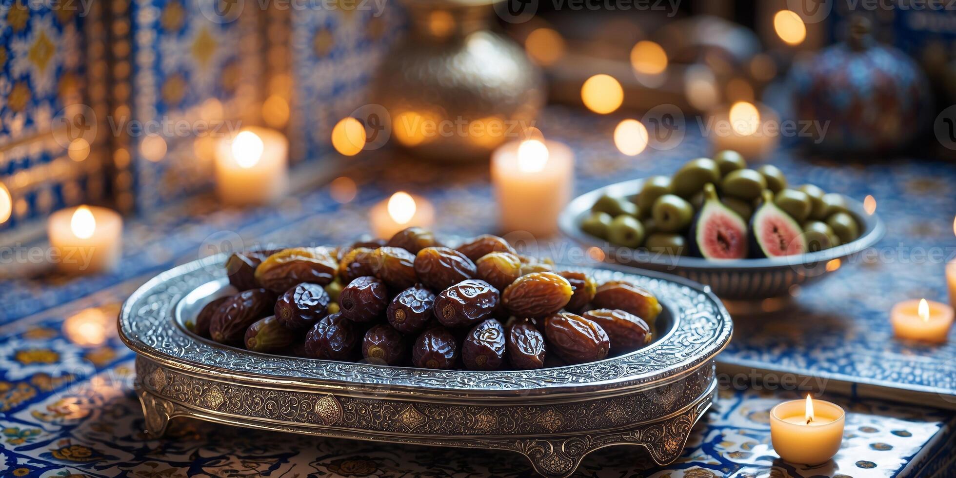 Vibrant display of dates and olives on intricately patterned tableware at an evening gathering photo