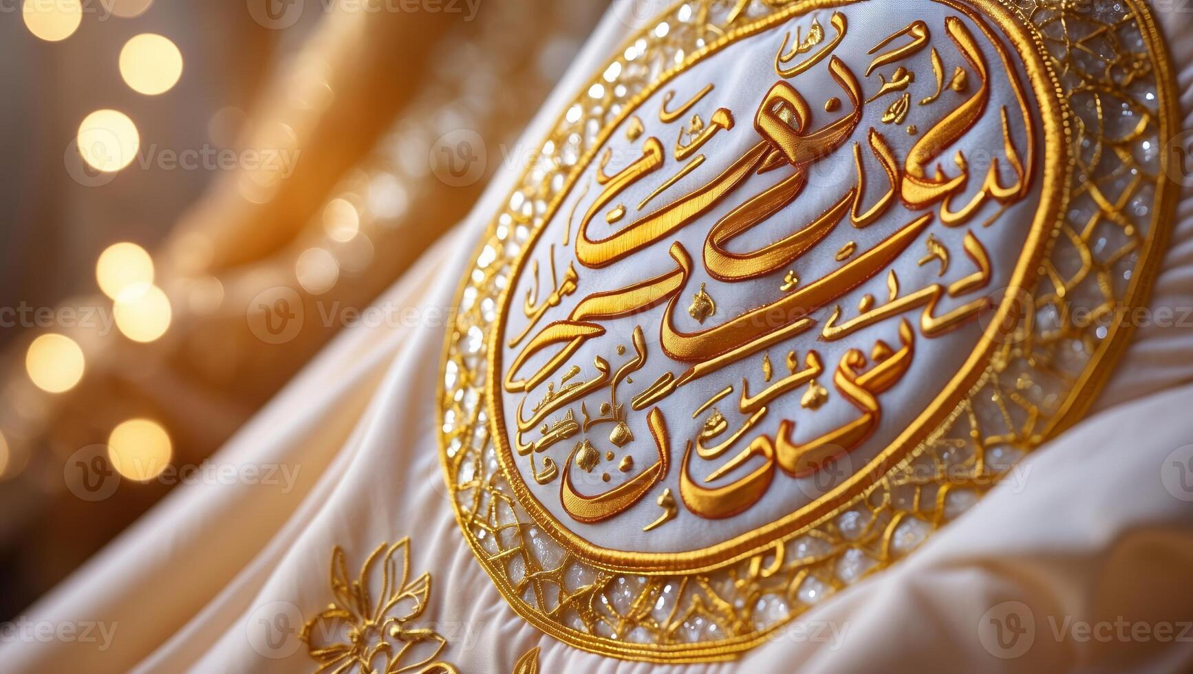 Elaborate golden embroidery featuring calligraphy design on fabric for traditional event decor photo