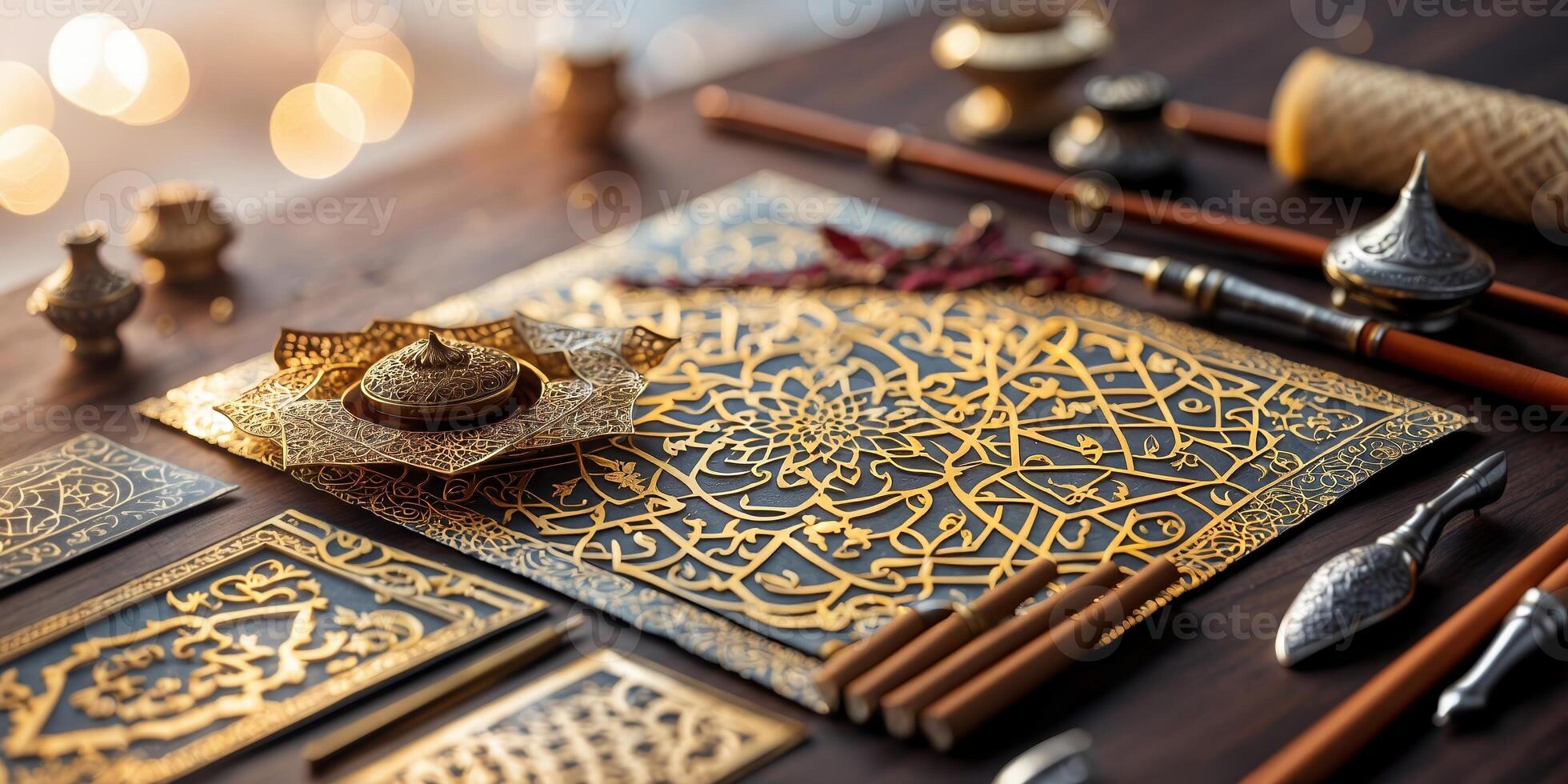 Decorative Islamic art pieces arranged on a wooden table with intricate designs and tools for cultural craftsmanship photo