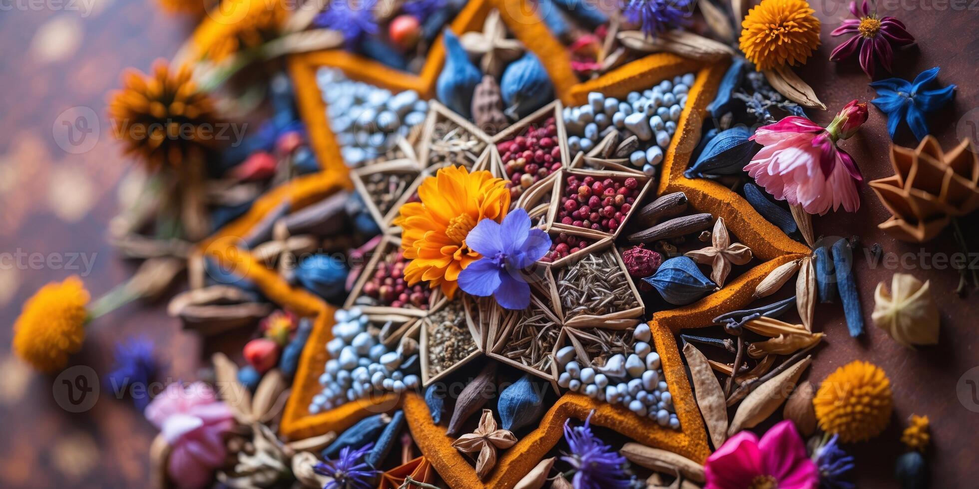 Colorful floral mandala created with spices and natural elements on a wooden surface in a calm setting during daylight photo