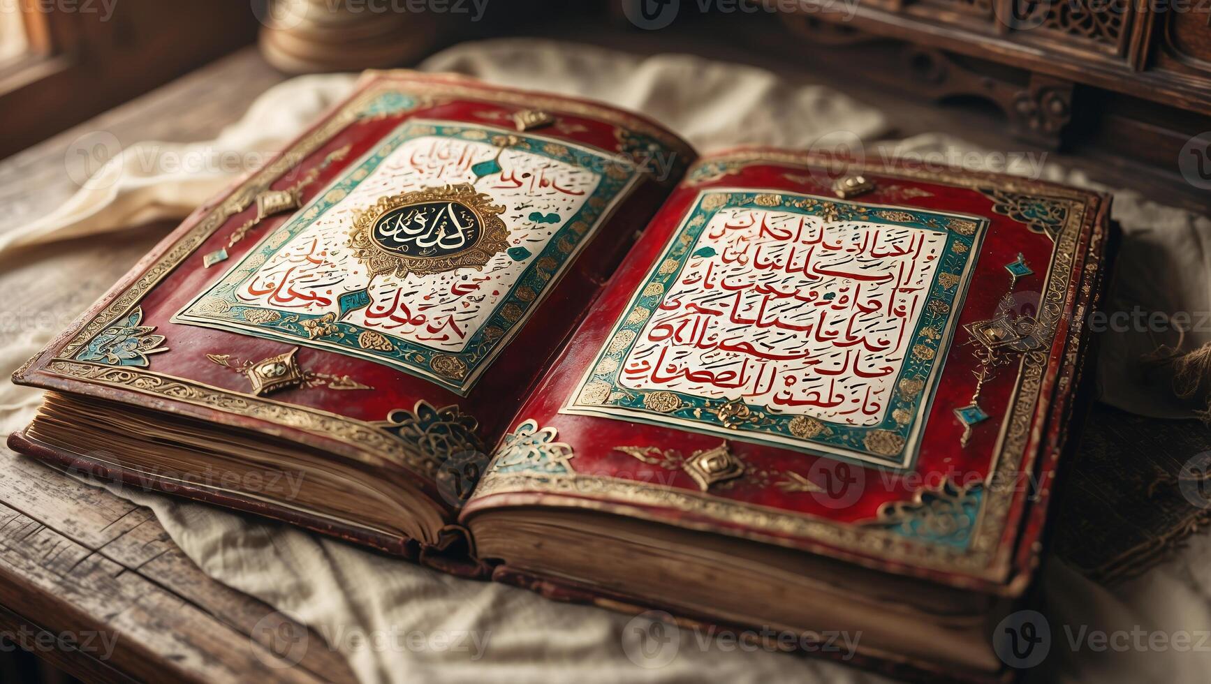 Ancient book with ornate cover and intricate calligraphy displayed on a wooden table photo