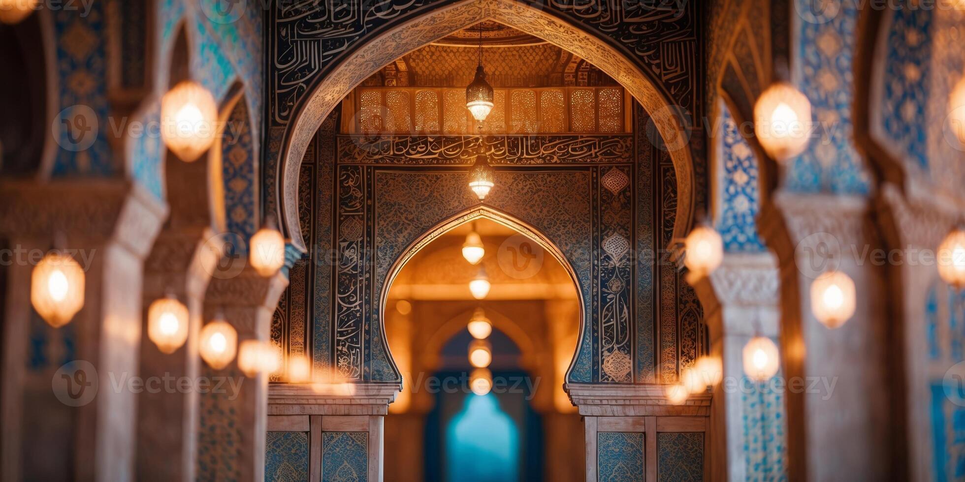 Intricate architectural arches illuminated by soft lights in a historical site during the evening photo