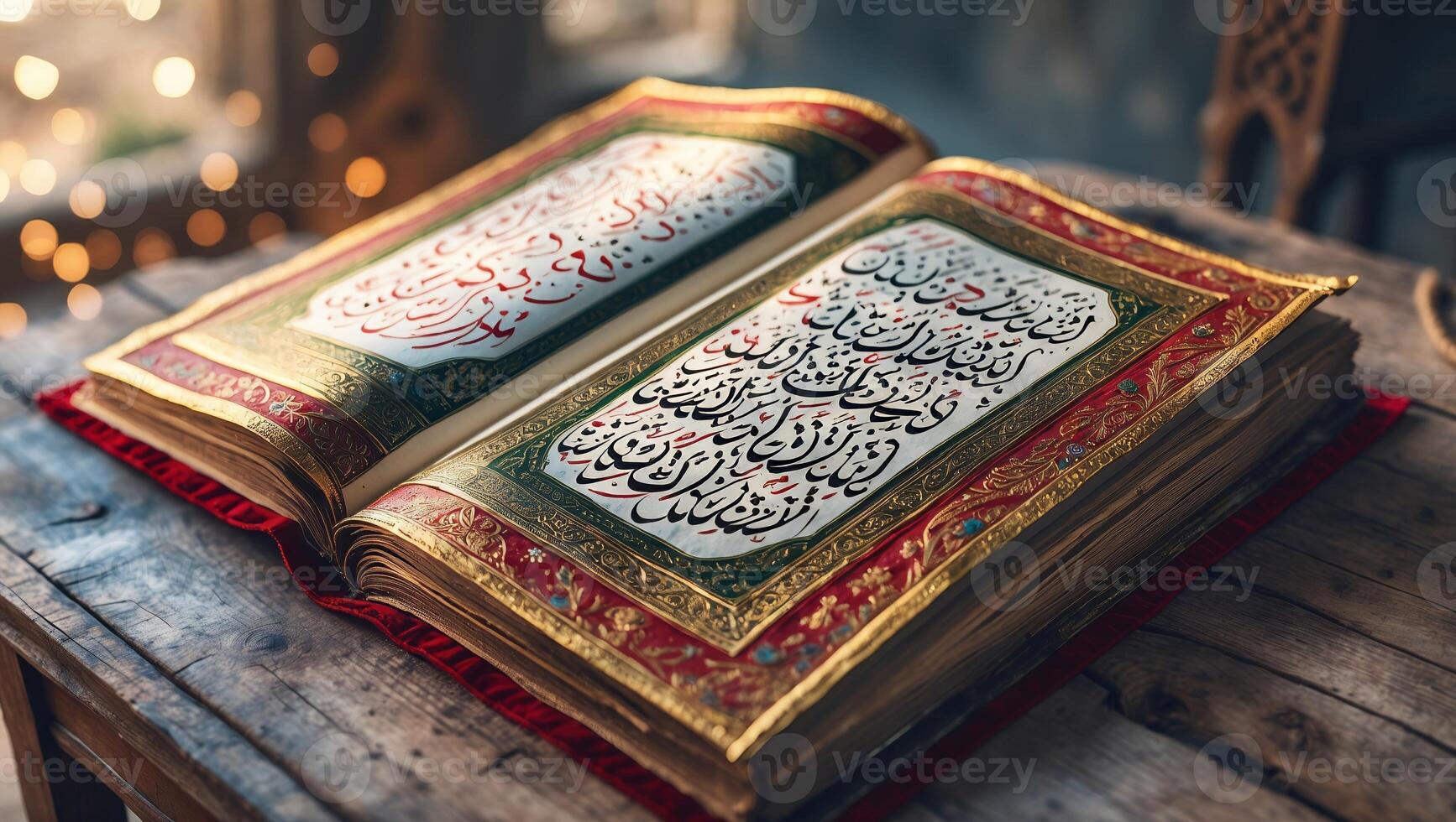 Intricate details of an open, vintage Quran on a wooden table with soft lighting photo