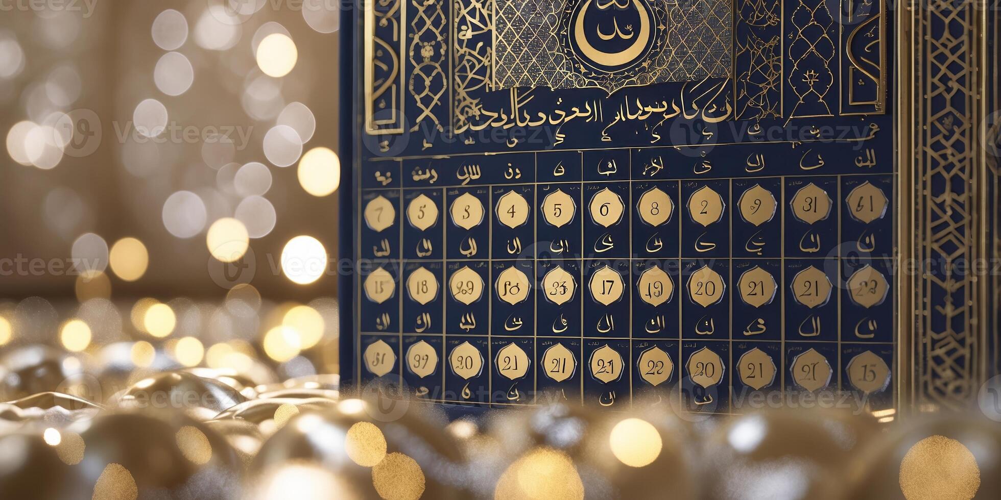 Beautifully designed Islamic calendar displayed with golden orbs during the festive season in a softly lit environment photo