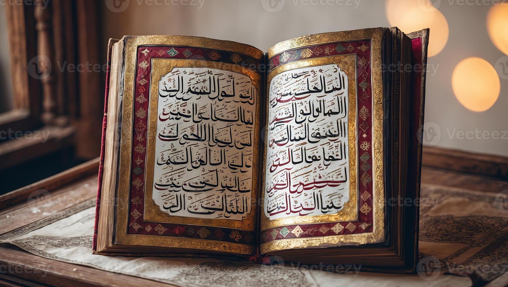 Ancient manuscript opened on a wooden table with soft lighting highlighting intricate calligraphy photo