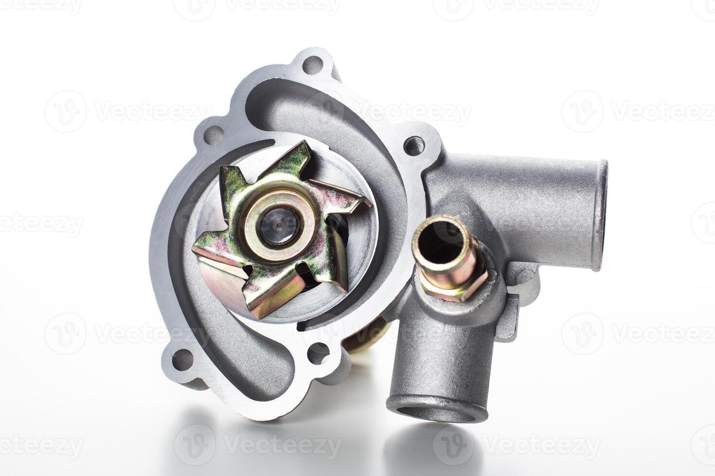 Water pump assembly displayed on a white background highlighting its design and functionality features in automotive applications photo