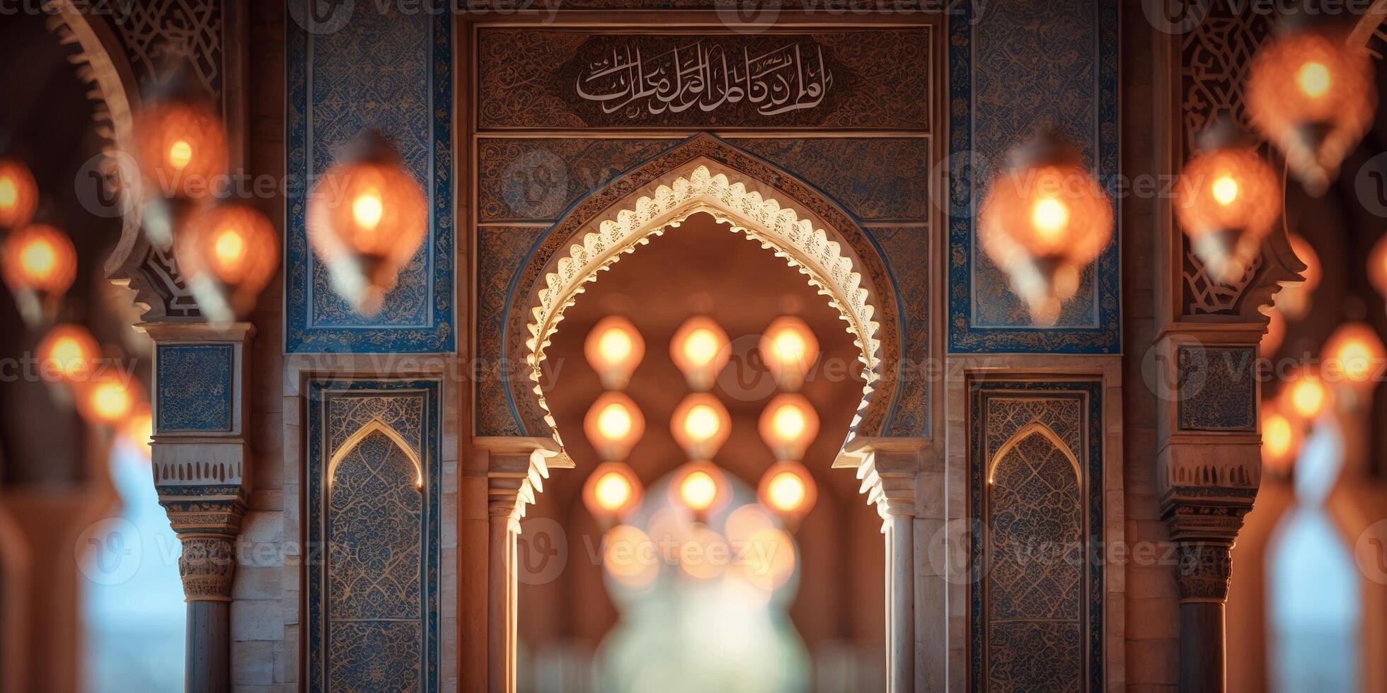 Enchanted evening in an ornate hall with glowing lanterns and intricate architecture photo