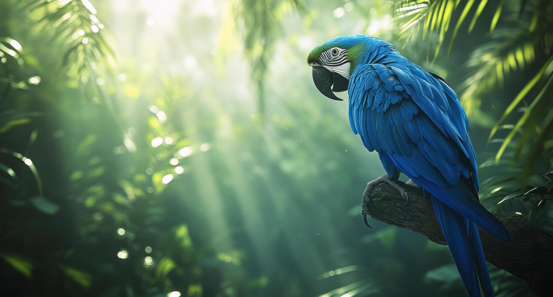 A blue macaw parrot is perched on a branch in the jungle photo