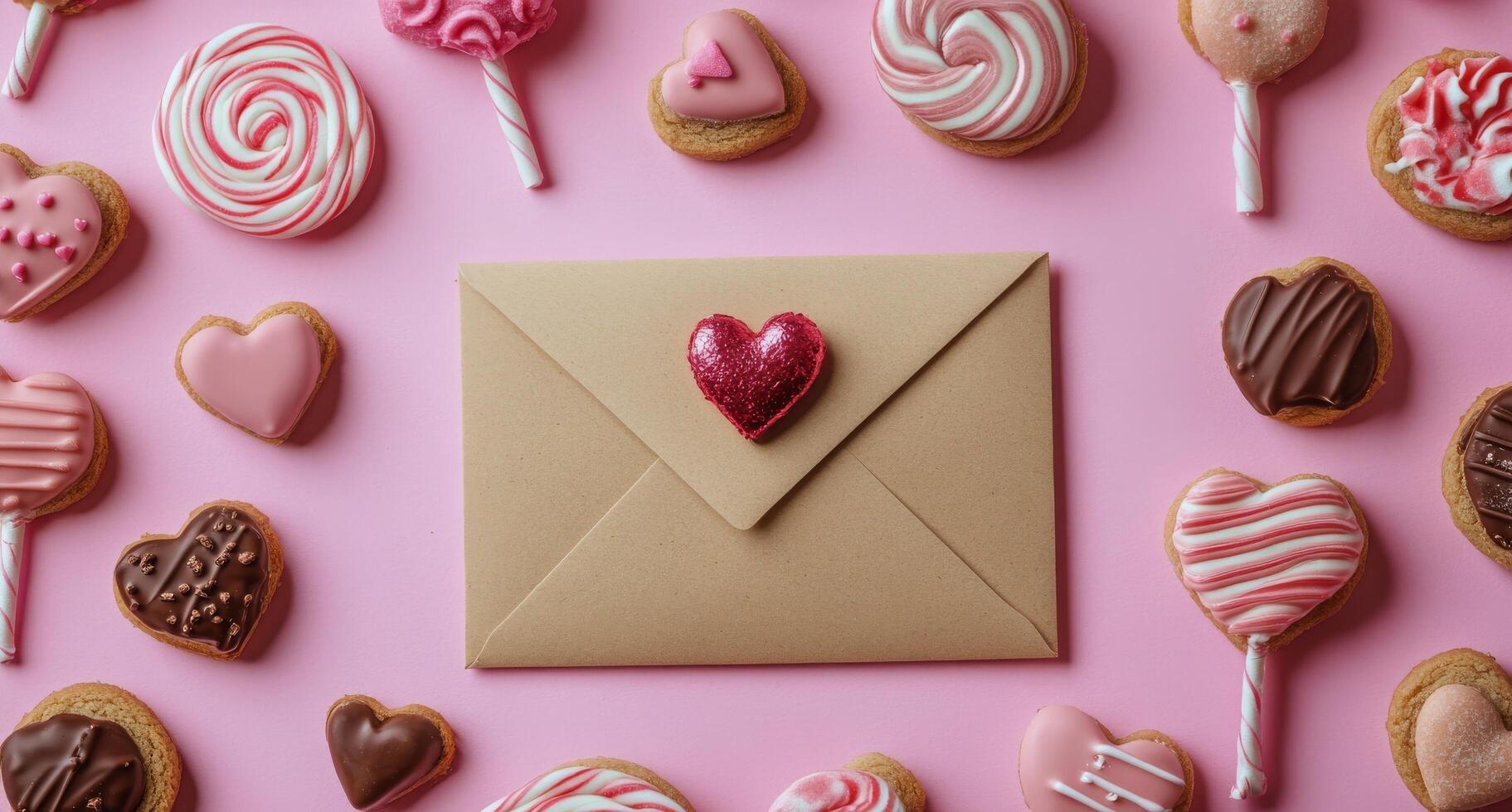 Cookie hearts and envelope on pink background photo