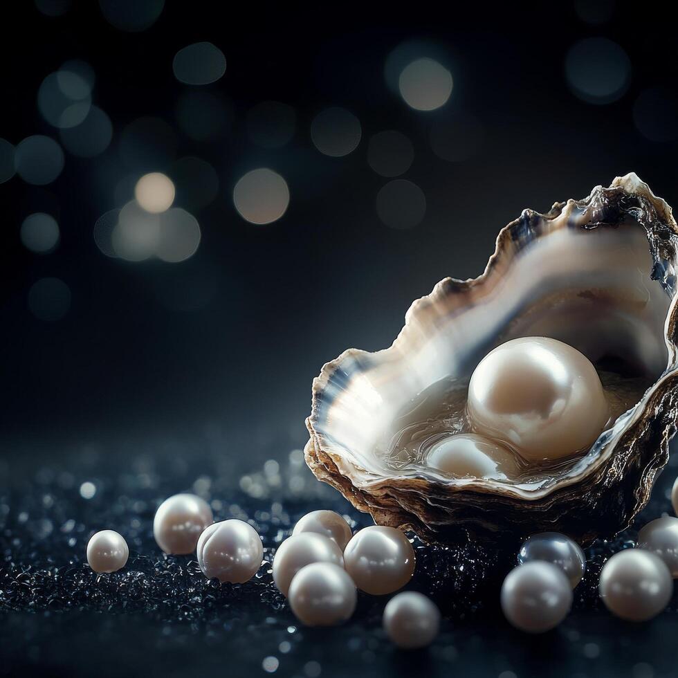 A pearl in an oyster shell with pearls around it photo