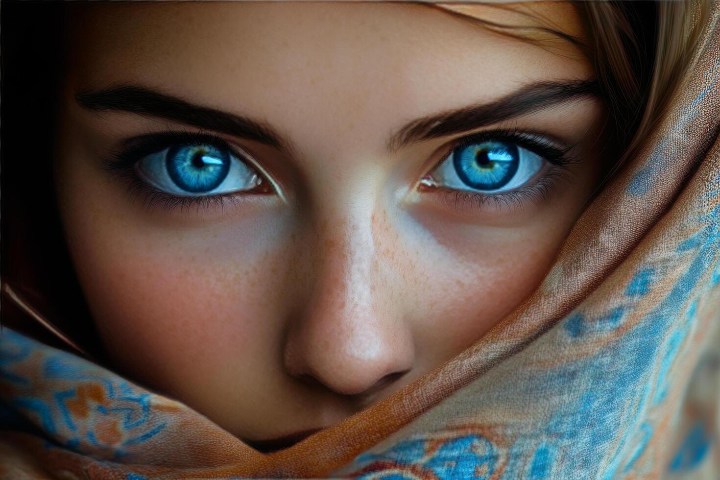 A woman with blue eyes and a scarf photo