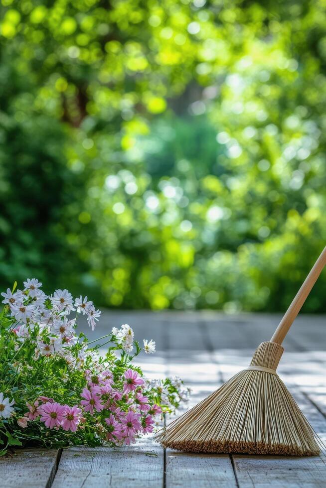 A broom and flowers on a wooden deck photo
