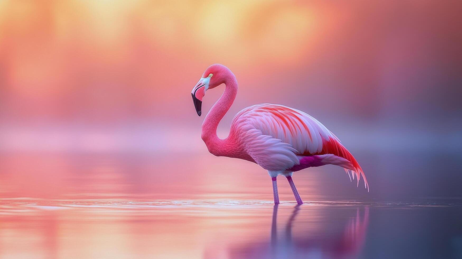 A pink flamingo standing in the water at sunset photo