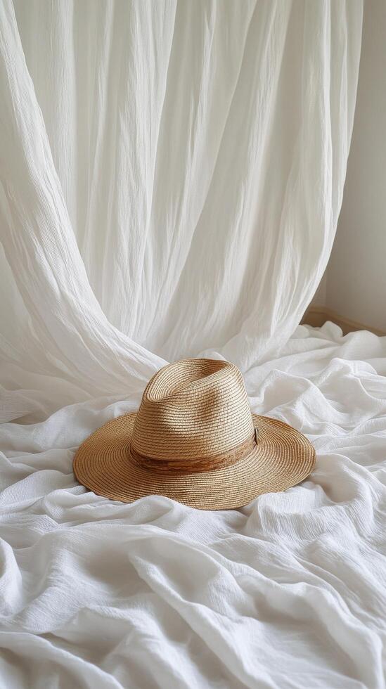 A hat sits on top of a bed with white sheets photo