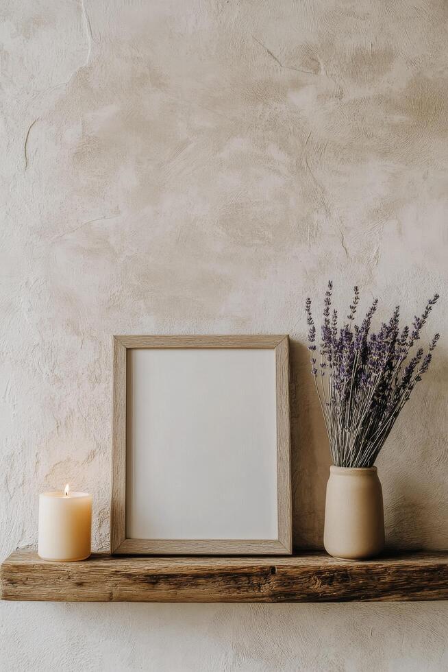 Blank frame mockup on wooden shelf with lavender flowers photo