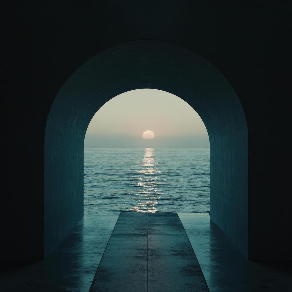 A tunnel leading to the ocean at sunset photo