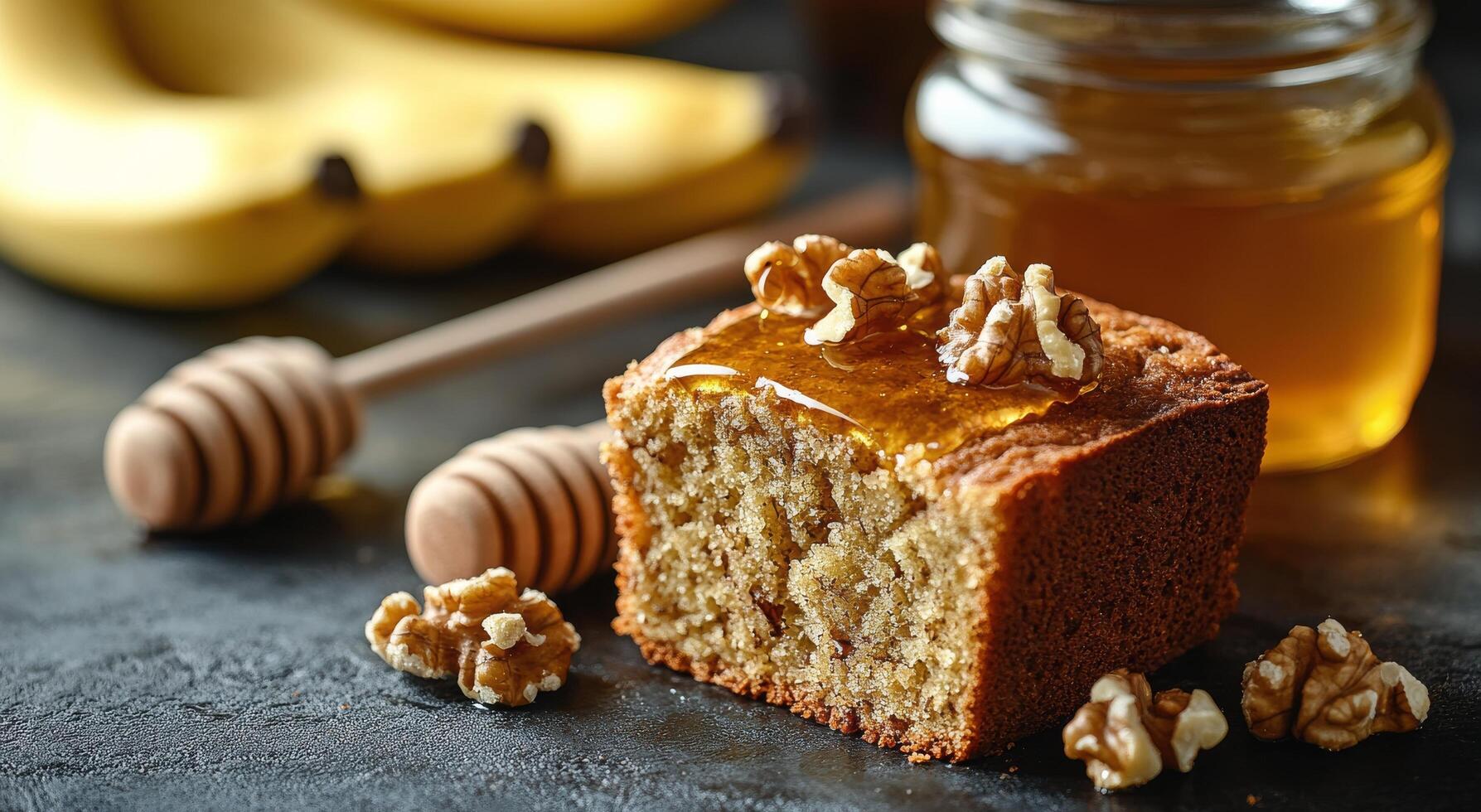 A slice of banana bread with honey and walnuts photo