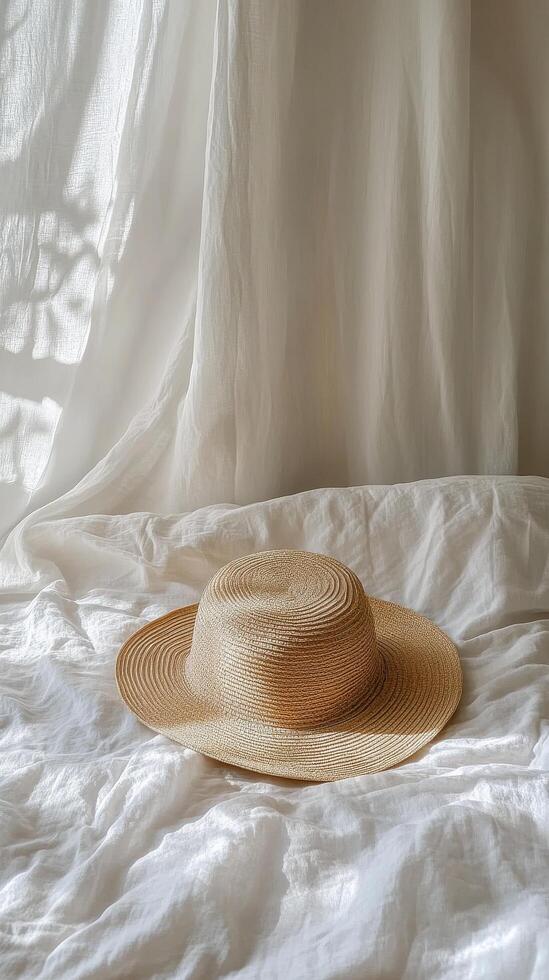 A hat sits on a bed with white sheets photo