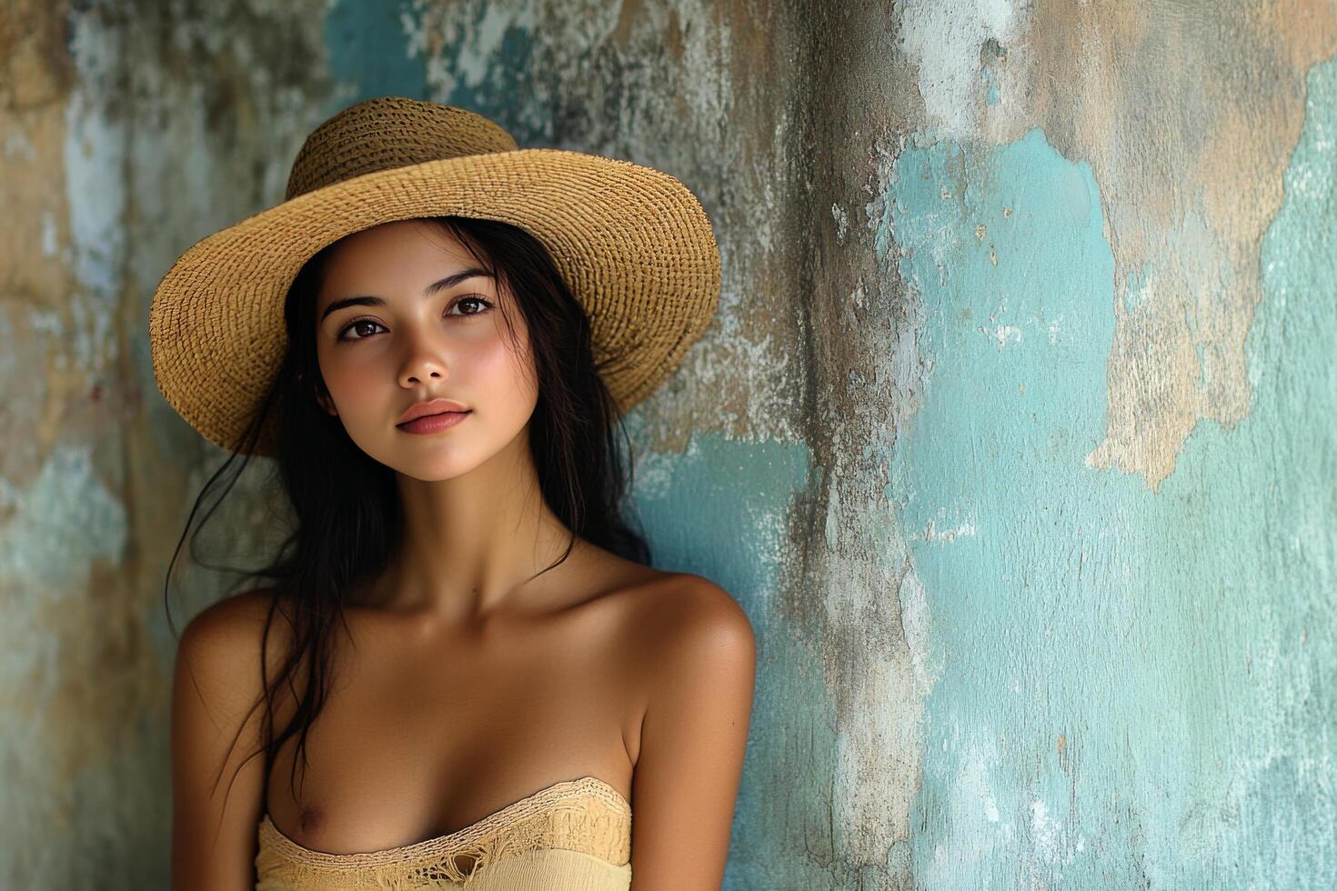 A beautiful young woman in a hat and bikini photo