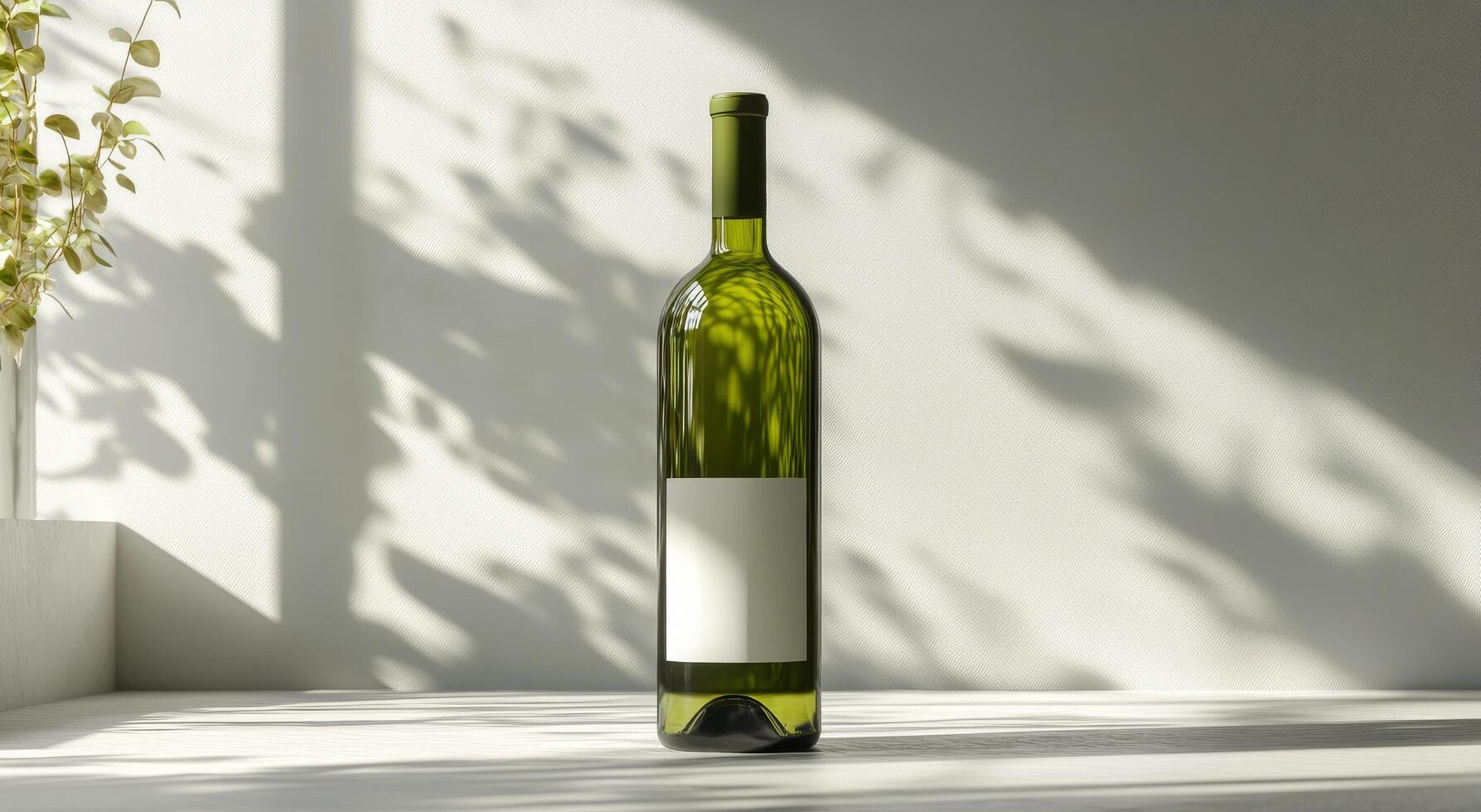 A bottle of wine sitting on a table in front of a window photo