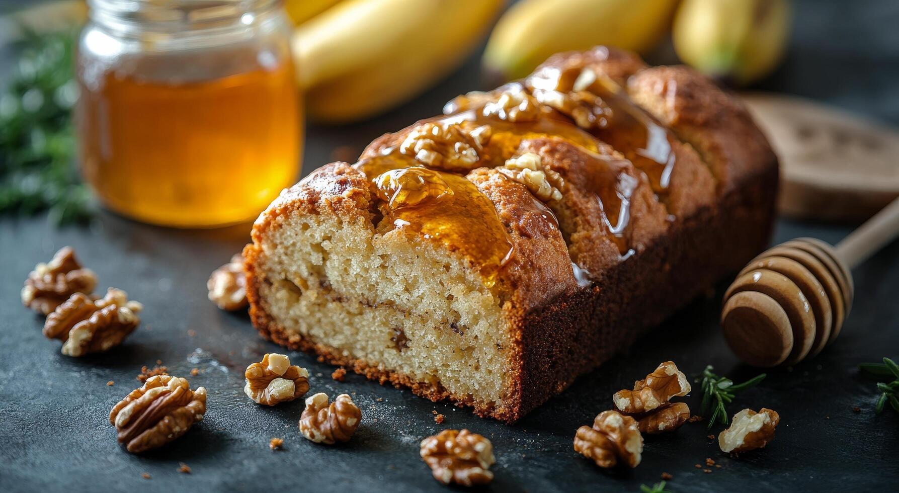 A loaf of banana bread with honey and nuts photo