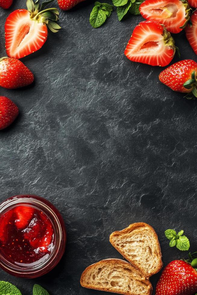 Strawberry jam with bread on black slate background top view photo