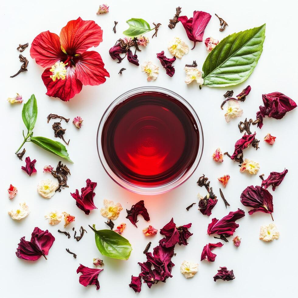 Red tea with hibiscus flowers and leaves on white background photo