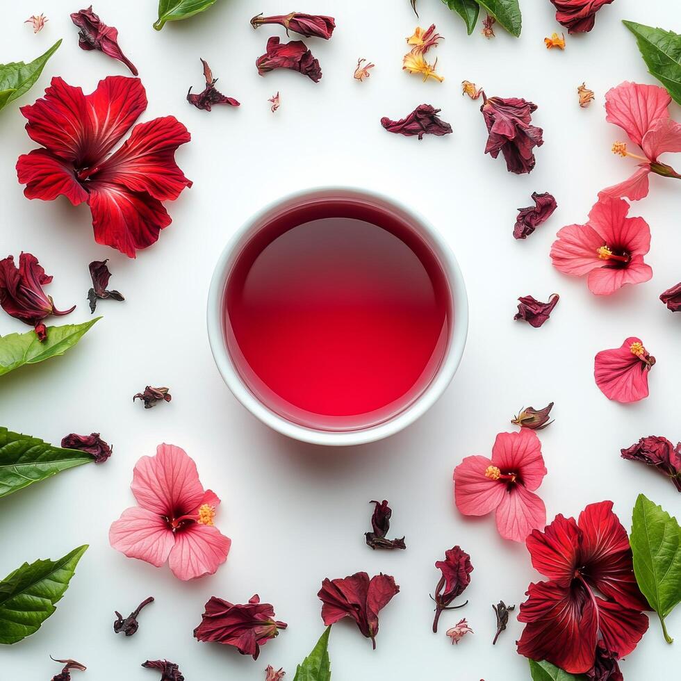 Red hibiscus tea with hibiscus flowers and leaves on white background top view photo