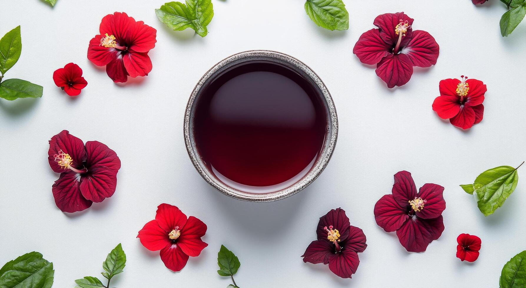 A bowl of red tea surrounded by red flowers photo