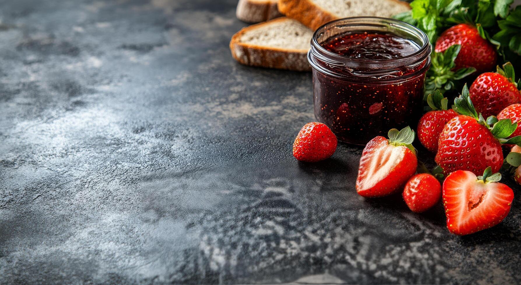 Strawberries and jam on a dark background photo