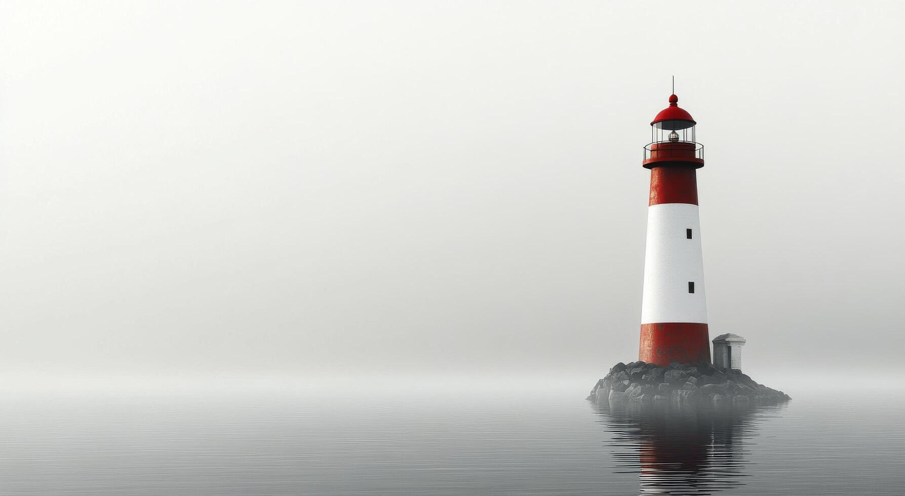 A lighthouse in the fog with a red and white top photo