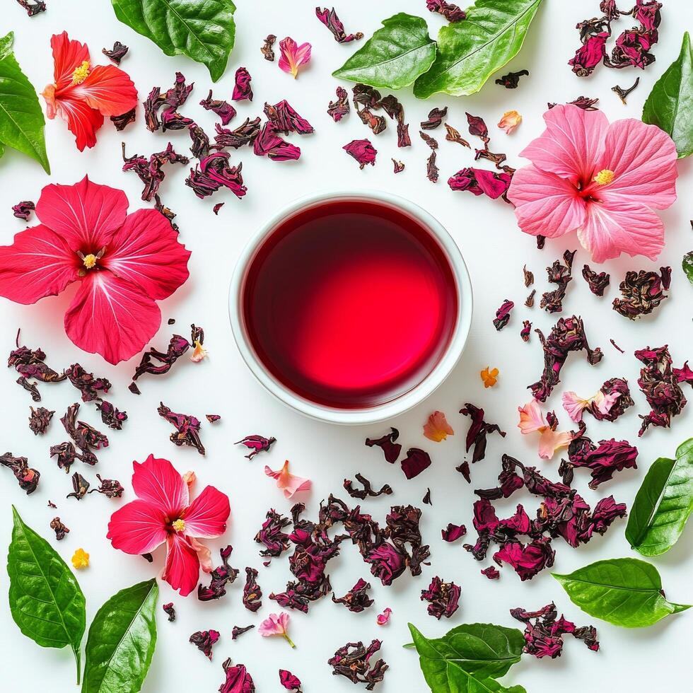 Red tea with flowers and leaves on white background photo
