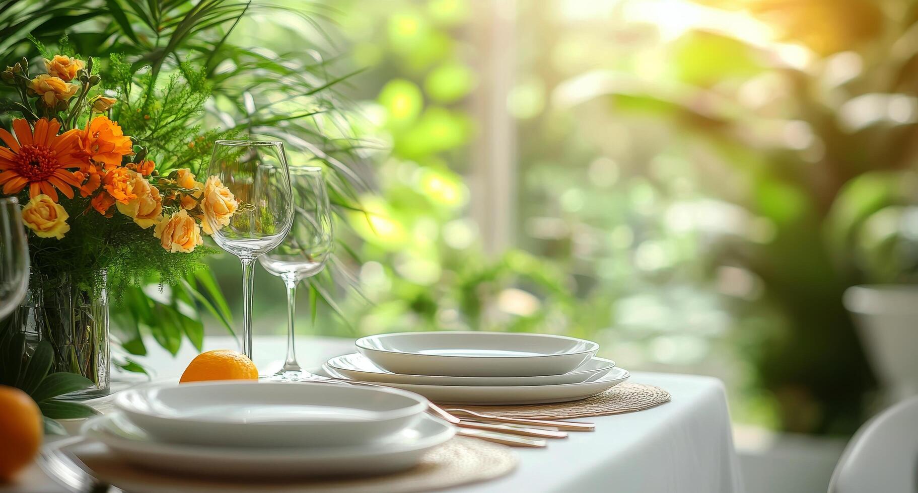 A table setting with white plates and glasses photo