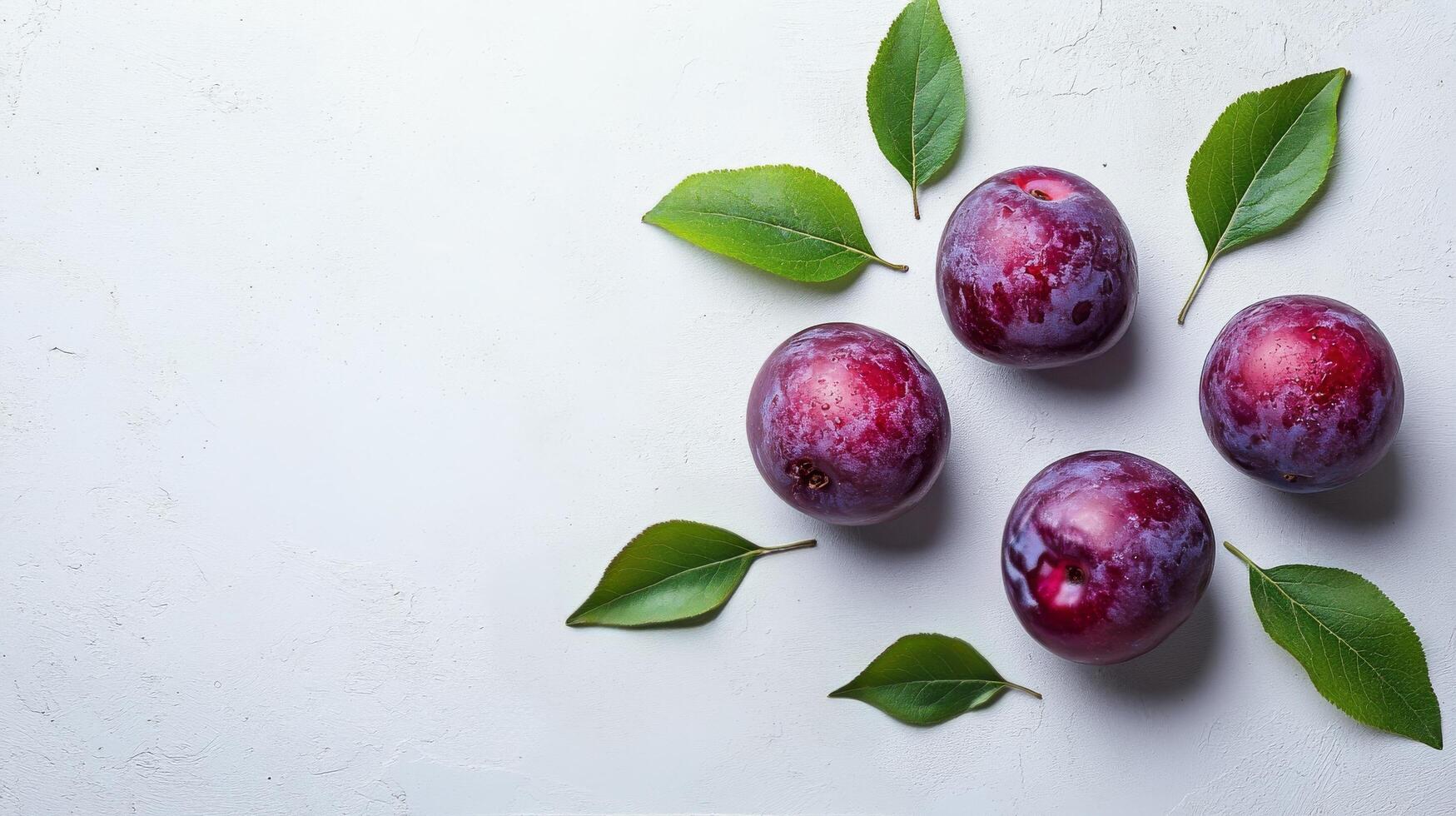 Plums with leaves on white background photo